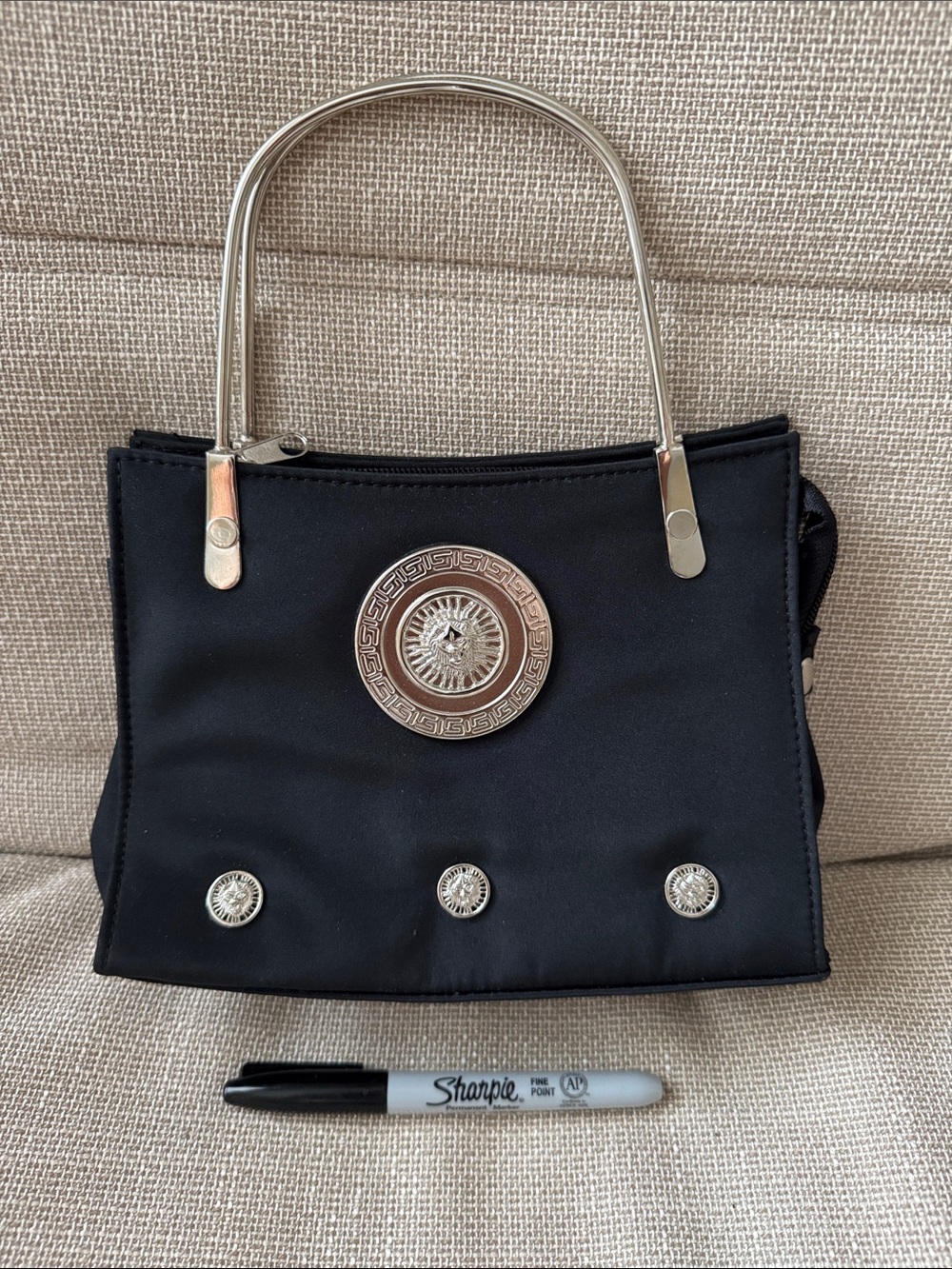 Black Mini Tote with Decorative Silver Medallions